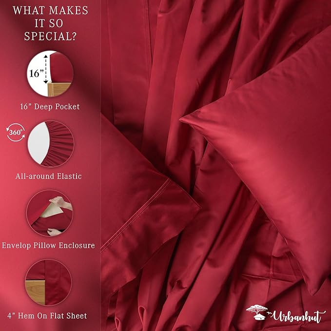 URBANHUT 800 Thread Count 100% Cotton King Size Sheets, Luxury 4 Piece King Bedsheets, Hotel Sheets Sateen Finish - Better Than Egyptian, 16" Elasticized Deep Pocket - Burgundy