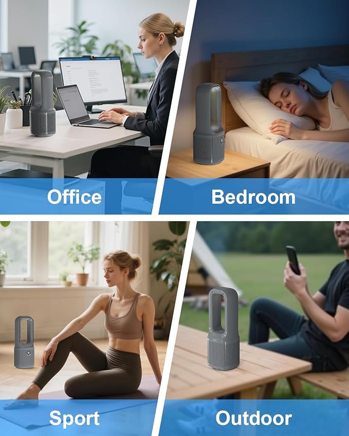 MEIIS Desk Fan Bladeless, 14 Inch USB Rechargeable Tower Fan with 9 Speed Adjustable, 3 Light, 60° Oscillating, 9H Timer, 5000mAh Battery Cooling Small Table Fan for Bedroom, Office, Nightstand, Grey