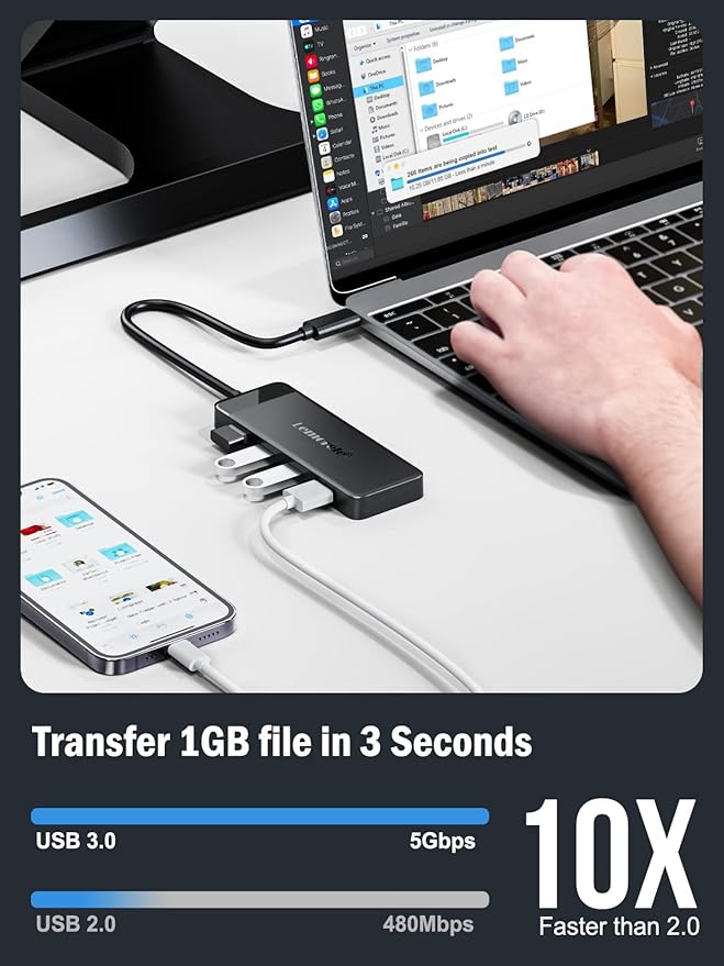 Lemorele 9-in-1 USB C Hub Multiport Adapter, USB C Dongle w/4K HDMI for MacBook Pro Air, 3 USB3.0 5Gbps and 1 USB2.0 Port, Type-C 3.0, 100W PD, SD/TF, Docking Station for Windows/iPad/Dell/HP/Lenovo