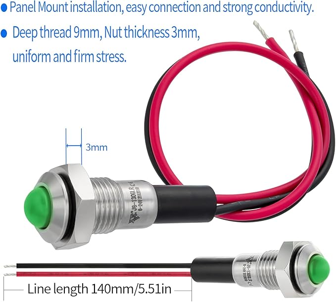 ZGSZJHF UL Listed Mini Indicator Light 8mm 0.31" Waterproof Domed Metal Stainless Steel Signal Lamp 12V-24V DC/AC Red and Green LED Light with 140mm Wire