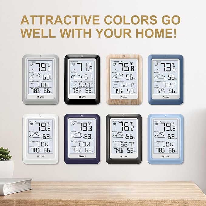 Indoor Outdoor Thermometer Wireless Weather Station, Temperature Humidity Monitor Battery Powered Inside Outside Thermometers with 330ft Range Remote Sensor and Backlight Display（Metal Black）