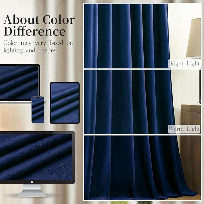 90 Inch Long Velvet Curtains for Living Room, Elegant Privacy Thermal Curtain Room Darkening Back Tab & Rod Pocket Soft Luxury Room Darkening Window Drapes for Bedroom, W52 x L90, Navy Blue, 2 Pcs