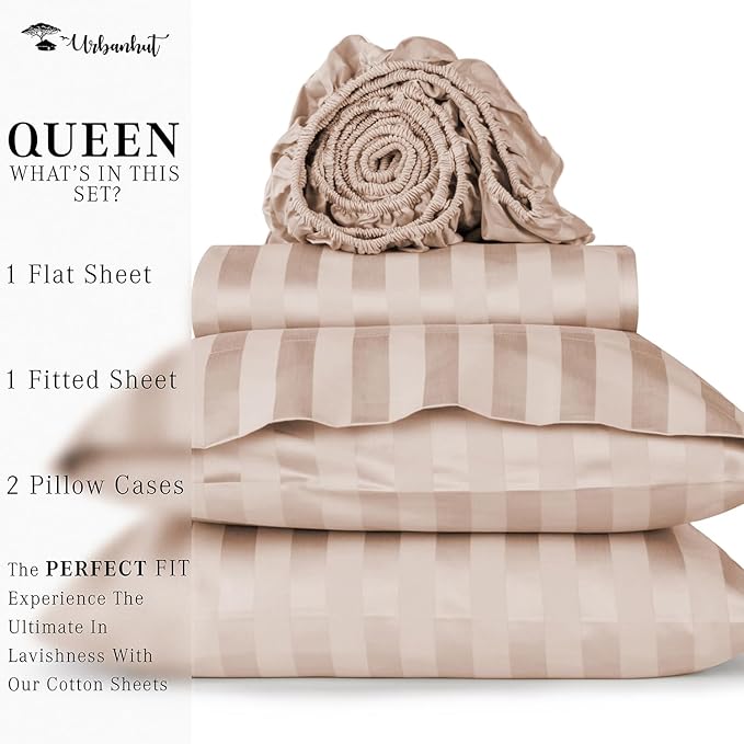 URBANHUT 800 Thread Count 100% Cotton Damask Queen Size Sheets, 4 Piece Striped Queen Size Bedsheets, Luxury Hotel Sheets Sateen Weave - Better Than Egyptian, 16" Elasticized Deep Pocket- Blush Pink