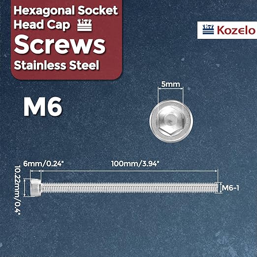 Kozelo 25pcs Socket Head Cap Screws - [M6-1 x 100mm] 304 Stainless Steel Allen Socket Drive for Electrical Motor 3D Printing Fan Engine Replacement Use, Silver