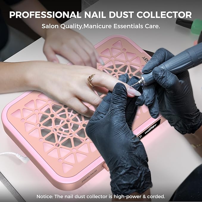 Woput Nail Dust Collector, 1600PA Professional Nail Vacuum Dust Collector Fan with Filter Papers (30 Pcs) for Acrylic Nail Polishing & Manicure at Nail Salon & Home - Pink