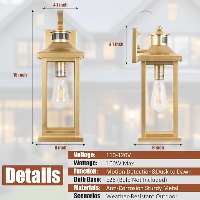 Roravilila 2-Pack Gold Dusk to Dawn Motion Sensor Lights 18 Inch, Large Outdoor Light Fixtures IP65 Waterproof Anti-Rust Brass Outside Lights for House Photocell Modern Exterior Lanterns Wall Mounted