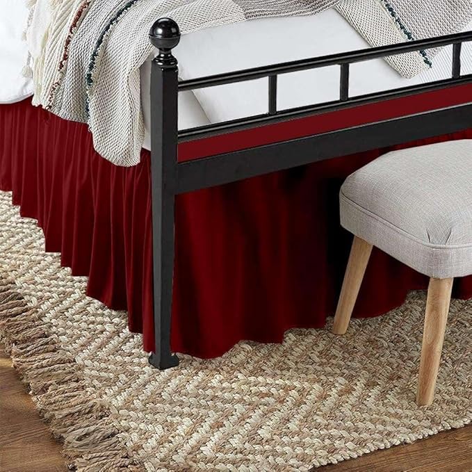 Burgundy Solid Ruffled Bed Skirt Twin-18 Inch Drop Split Corner, Microfiber Bedskirt with Platform Three Sided Coverage