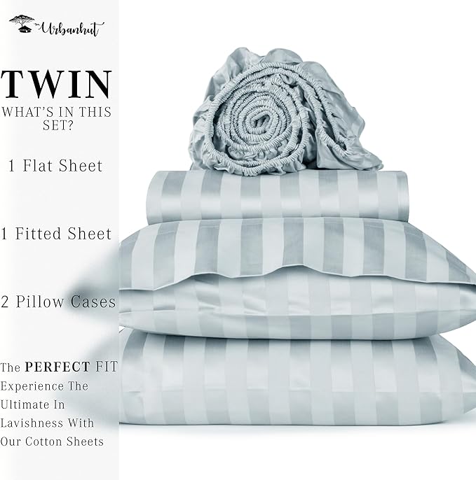 URBANHUT 800 Thread Count 100% Cotton Damask Twin Size Sheets, 4 Piece Striped Twin Size Bedsheets, Luxury Hotel Sheets Sateen Weave - Better Than Egyptian, 14" Elasticized Deep Pocket- Light Blue