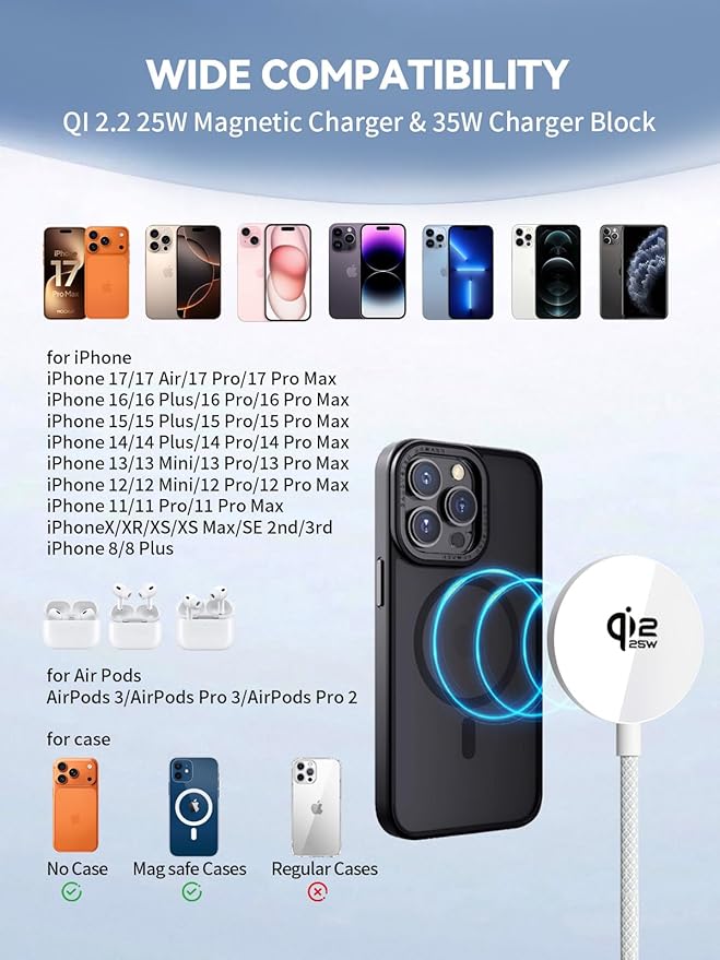 Qi2.2 25W Mag Safe Charger,10FT iPhone 17 Magnetic Wireless Fast Charger Wireless Mag Safe Fast Charging Pad with 35W USB C Power Adapter for iPhone Air 17 16 15 14 13 12 Pro Max Plus,AirPods Pro 2/3