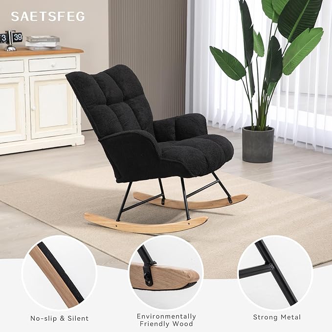 Rocking Chair Nursery Teddy Upholstered Glider Rocker Rocking Accent Chair Padded Seat with High Backrest Armchair Comfy Side Chair for Living Room Bedroom Offices (Black Teddy)