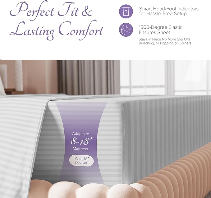 Carressa Linen Luxury Egyptian Cotton California King Stripe Sheet Set, 600 Thread Count Extra Long Staple 4 PC Set, Cal King Stripe Sheets, Soft, Cooling Striped Sheets 16 in Deep Pocket - Silver
