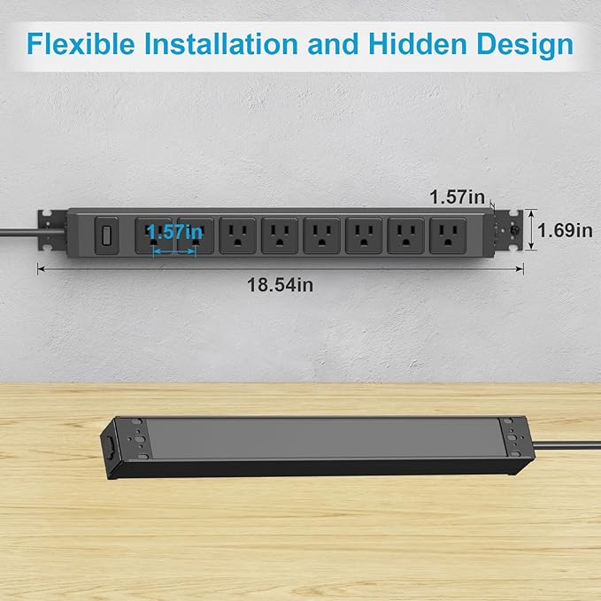 HHSOET 2 Pack Metal 360° Rotating Mountable Power Strip, 8 Outlet Gaming Table Mounted Long Power Strip, Heavy Duty Wall Mount Surge Protector with Switch, 15A 125V 1875W, 15ft Power Cord.(Black)