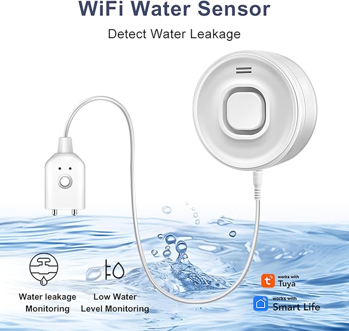 Nestool WiFi Water Leak Detectors for Home with Tuya APP Push and 100dB Sound Alarm, Suit for Warehouse, Basement, Kitchen, Laundry Room, Compatible with Alexa&Google Assistant (Support WiFi 2.4G)
