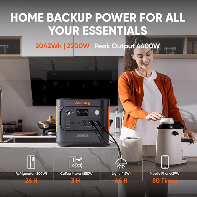 Jackery Solar Generator 2000 v2 with 4x100W Light and Protective Bag, 2042Wh/2200W LFP Portable Power Station, 20ms UPS Home Backup, USB-C PD 100W Fast Charging for Power Outages, Emergencies, Camping