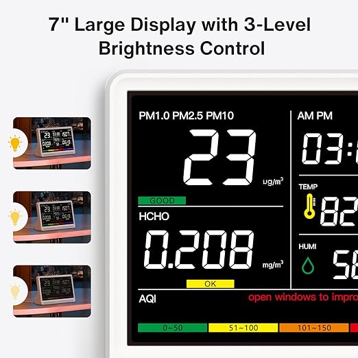 16 in 1 Air Quality Monitor Indoor 7" Display 9 AQI+7 AQI Alerts, CO2 Monitor Air Quality Tester for CO2, TVOC, PM2.5 PM1.0 PM10, HCHO Temperature Humidity AQI & Time Air Quality Meter for Home