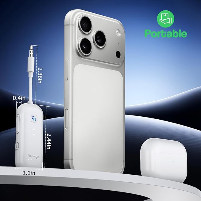 2025 Upgraded Airplane Bluetooth 5.4 Transmitter with aptX Adaptive, ElecMoga Airplane Travel Essentials Supports 2 AirPods or Headphones, 2-in-1 AUX Wireless Transmitter Receiver for TV, Car, White