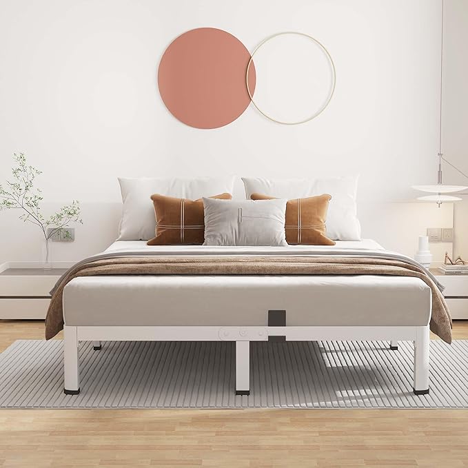 ROIL 10 Inch White Queen Bed Frame with Rounded Corner and Mattress Retainers, 3500LBS Heavy Duty Steel Slats No Box Spring Needed Platform Noise-Free Easy Assembly