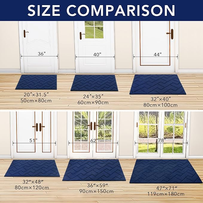 hicorfe Indoor Doormat,Front Back Door Mat TPR Backing Non Slip Mats 20"x31.5" Absorbent Resist Dirt Entrance Doormat Inside Floor for Entryway Washable Low-Profile(Navy Blue)