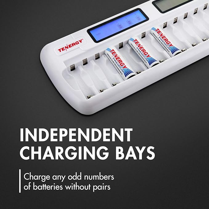 Tenergy TN438 16-Slot Smart Battery Charger for AA/AAA NiMH/NiCd LCD Display + 16 Premium Rechargeable AA Batteries