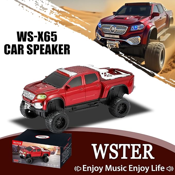 WSTER WS-X65 Pickup Truck Replica Bluetooth Speaker – HD Sound, FM Radio, TWS Stereo, LED Party Lights, USB/TF Playback, Built-in Mic – Cool Portable Car Design Speaker for Outdoors & Home (Red)