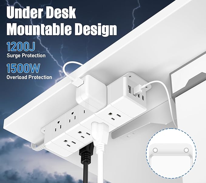 40W Fast Charging Under Desk Power Strip,12 Outlet Mountable Power Strip with 4 USB,1200J Surge Protection,10FT Flat Extension Cord