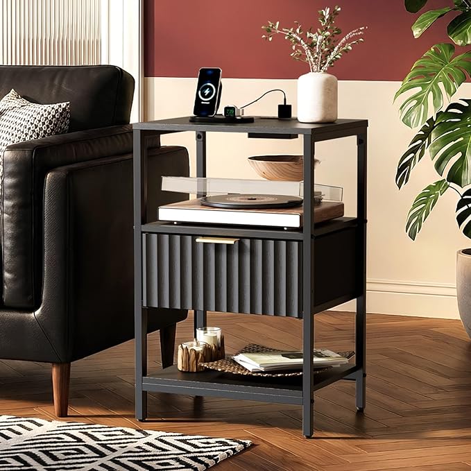 VINGLI Nightstand with Charging Station, Fluted Night Stand with Fabric Drawer, Bedside Table/Small Night Stand with Charger Station for Bedroom, Dorm, 14.96" W*11.81" D*23.7" H