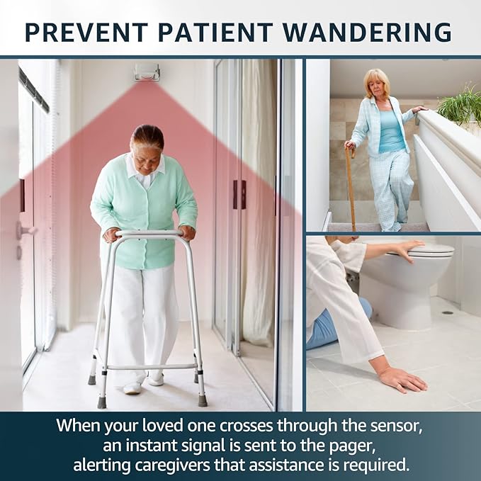SYNLETT Bed Alarm Caregiver Pager with Wireless Motion Sensor Alarm Indoor Fall Prevention for Elderly Monitoring Seniors Dementia Patients Seniors Home Door Chime