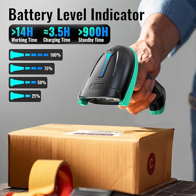 Tera Barcode Scanner 1D Wireless with Battery Level Indicator Versatile 2-in-1 (2.4Ghz Wireless+USB 2.0 Wired) 328 Feet Transmission Distance Rechargeable Barcode Reader USB Handheld Bar Code Scanner