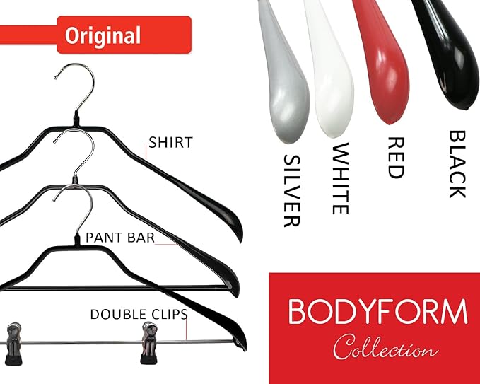 Mawa by Reston Lloyd BodyForm Series Non-Slip Space-Saving Clothes Hanger For Jackets, Suits & Coats, 16-1/2", Style 42/L, Set of 5, Black