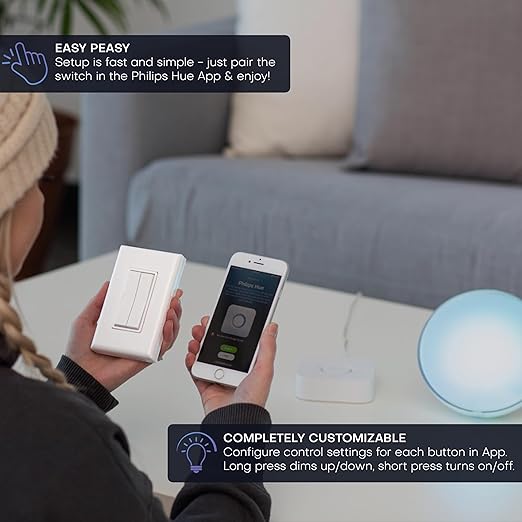 RunLessWire Click for Philips Hue – Battery-Free Wireless Smart Light Switch, 30ft Range – Works Natively with Philips Hue Bridge – Wall Mount Kinetic Switch - Decora Style, Black