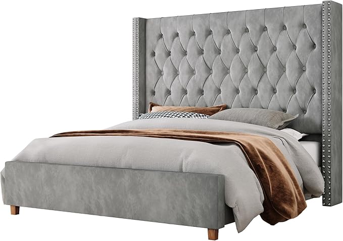 Jocisland California King Bed Frame with 61.4" Tall Wingback Headboard, Velvet Upholstered Platform Bed, Handcrafted Pleats& Deep Button Tufted, Solid Wood Legs, No Box Spring Required, Gray