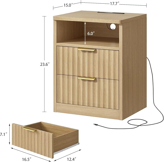 TEENFON Fluted Night Stand, Nighstand with Charging Station and LED Light, Modern Bed Side Table for Small Space, Storage Drawer and Open Shelf, for Bedroom, Natural