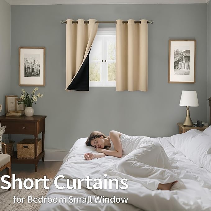 BGment Short Blackout Curtains 30 Inch Length 2 Panels, Thermal Insulated Total Light Blocking Curtains for Bedroom, Grommet Window Drapes with Thick Black Liner, 42 Inch Wide Each Panel, Beige