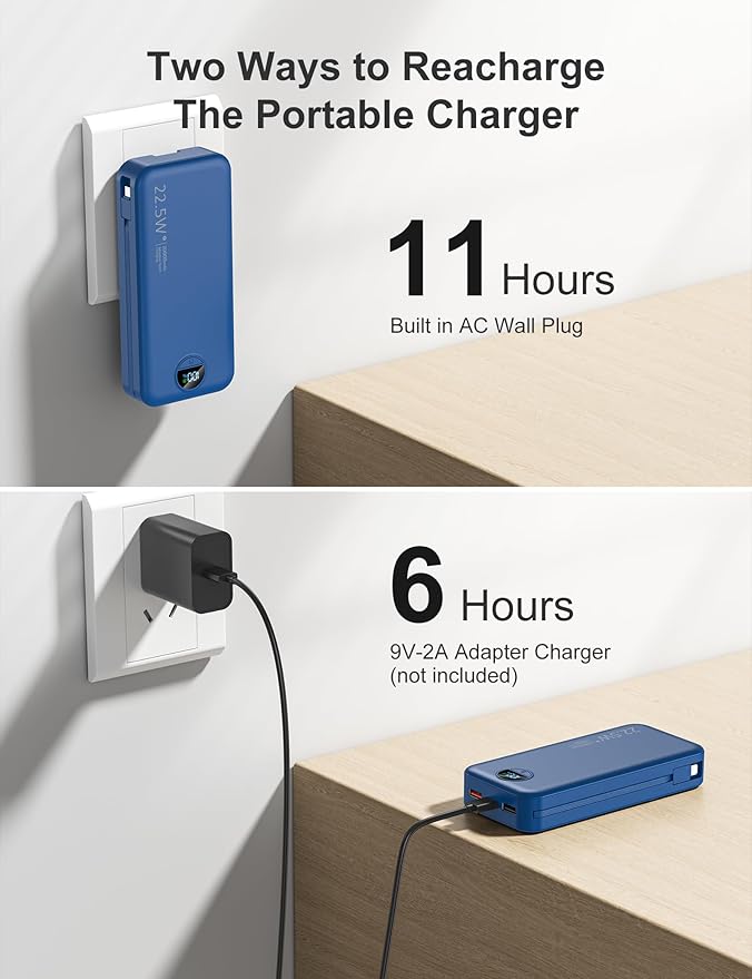 aonidi 20000mAh Ultra-Portable-Charger-Power-Bank PD20W with Built in Cables&AC Wall Plug,Fast Charging Cell Phone Charger Battery Pack,LED Display Travel Battery Bank for All iPhone,Samsung,Android