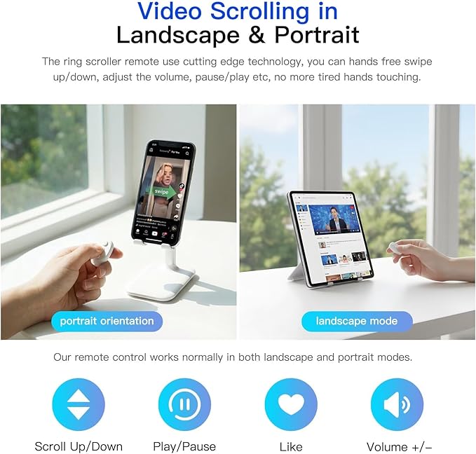 HEKUTU Social Media Scrolling Ring Remote - Hands-Free Controller for T-ikT-ok Yout-ube IG - White
