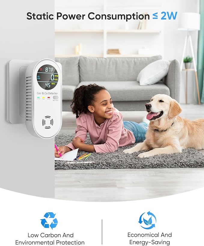 Vilfet Carbon Monoxide Detectors & Natural Gas Detector, 4-in-1 Carbon Monoxide Detectors Plug in, Gas Leak Detector with Dual Alarms, Temperature & Humidity Sensor for Home, RV, White, 1 Pack