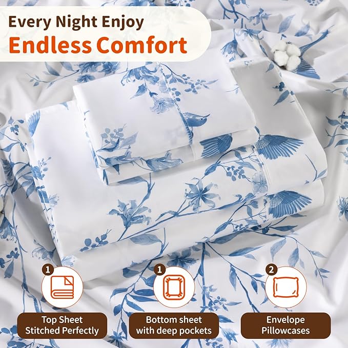 LBRO2M 1000 Thread Count Sheets 100% Egyptian Cotton Bedding Set Floral King Size Sheets 16 Inches Deep Pocket Bedding 4 Piece Sets (King, Blue Bird)
