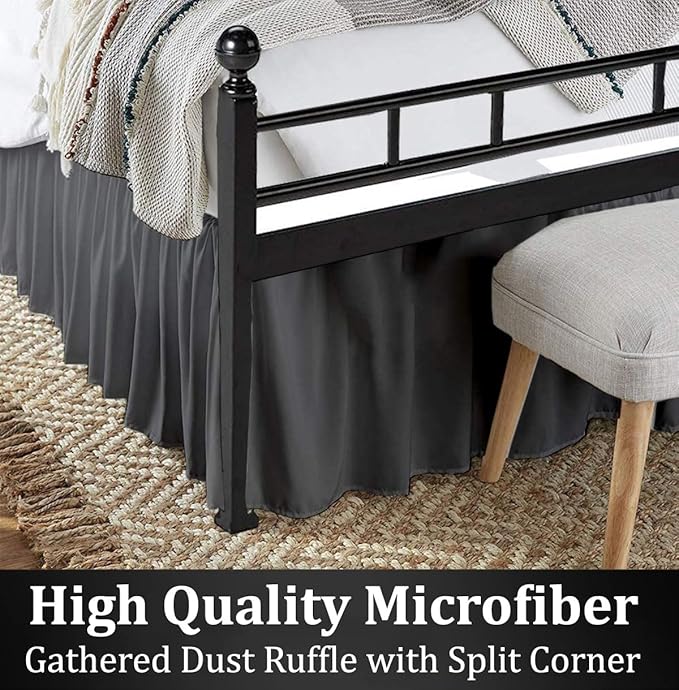 Ruffled Bed Skirt with Split Corners, Dark Grey, Twin 12 Inch Drop Bedskirt, Hotel Quality Brushed Microfiber Wrinkle Free Dust Ruffle Bed Skirt Twin Size