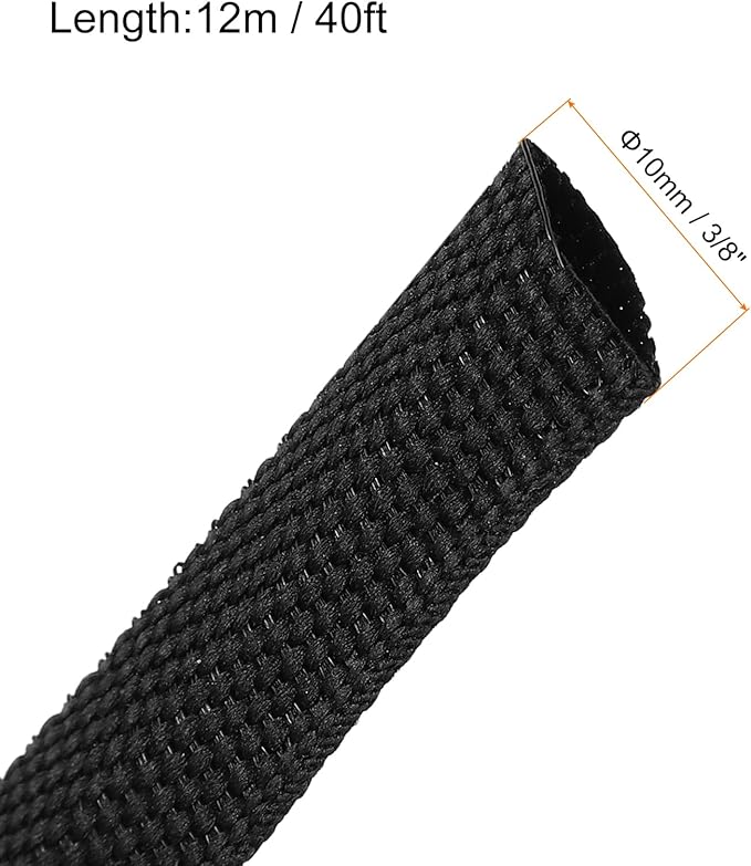 MECCANIXITY Braided Cable Sleeves Heat Shrinkable Fabric Sleeving, 3/8" 40ft Black 2:1 Ratio Heat Shrinkable Cord Protector for Harness Cable, Network Cable Protection, Cable Management
