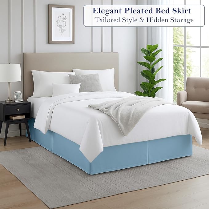Queen Bed Skirt, Luxury 21 Inch Drop Light Blue Pleated Bed Skirt, Double Brushed Microfiber, Box Pleat Design, Wrinkle & Fade Resistant, Easy Fit Tailored Bedskirt for Queen Size Beds