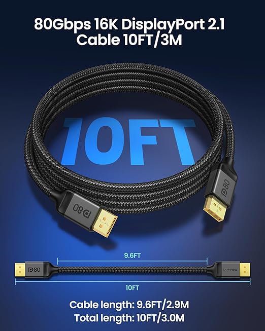 Silkland 80Gbps DisplayPort Cable 2.1 10FT/3M, [16K@60Hz, 8K@240Hz, 4K@540Hz 360Hz 240Hz] DP 2.1 Cable 16K, DP80 HDR DSC Display Port Cord Compatible FreeSync G-Sync Gaming Monitor 5090 7900XTX