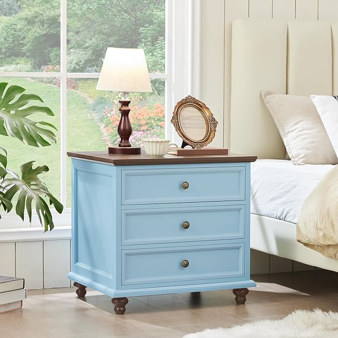 24" Wide Farmhouse Night Stand Set of 2,Large End Table with 3 Drawers & Metal Handle,Light Blue Wood Dresser for Bedroom Cabinet, Bed Side Table Chest of Drawers,Nightstand for Living Room