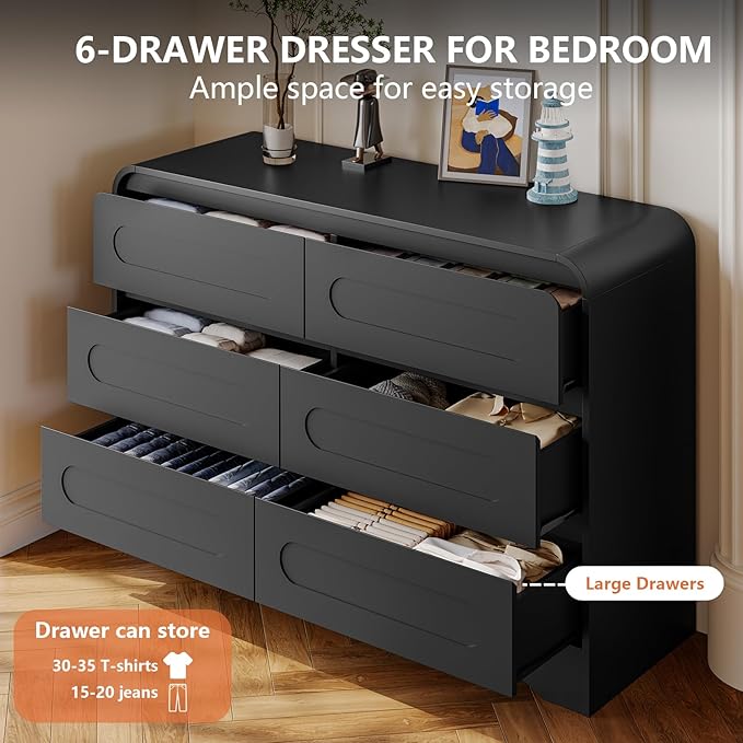 4 Pcs Bedroom Set, Dresser and Nightstand Sets, Including Modern Wooden Tall 6 Drawer Dressers, Wide 6 Drawers Dresser & Night Stand Set of 2 for Bedroom, Black