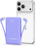 miisso 10000mAh Mini Portable Charger with Built in Cable, Pocket Size Power Bank Travel External Battery Pack for Phone, 3 Output USB Type C Cord Clutch Compatible with iPhone, Samsung, Purple