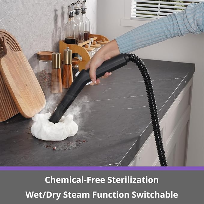 awasky Canister Steam Cleaner: 50-Sec Heat-Up, 0.6 Gal Tank Refill Anytime (Non-Pressurized), 1650W, 60 PSI, 21-Pcs Kit, Dry/Wet Modes, Detachable Hose for Tile Grout Furniture Floor Car Cleaning Gray