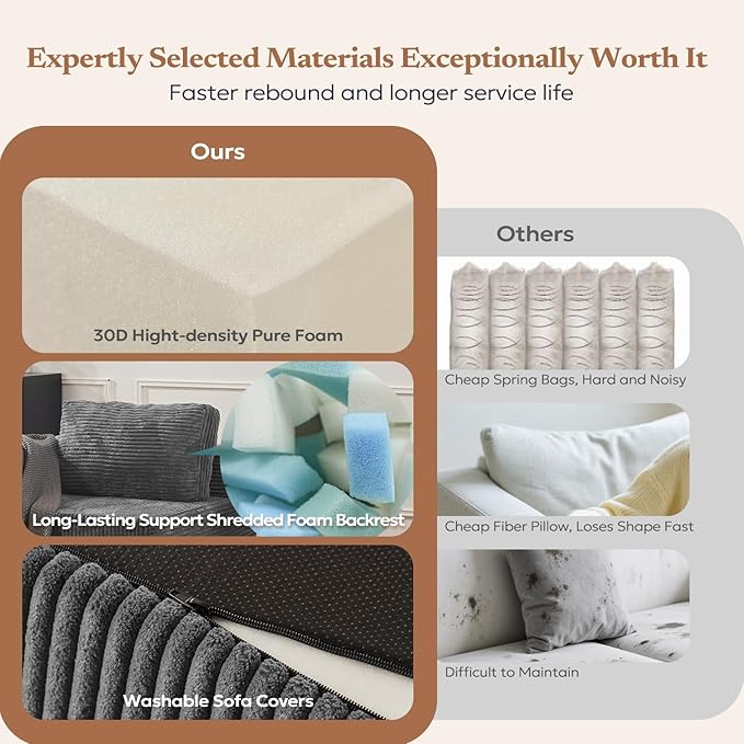 40" Modular Sectional Sofa, Upholstered Floor Sofa Couch with Pillow, Bean Bag Chair for Bedroom Living Room, No Assembly Required (Plush Corduroy Fabric, Grey)