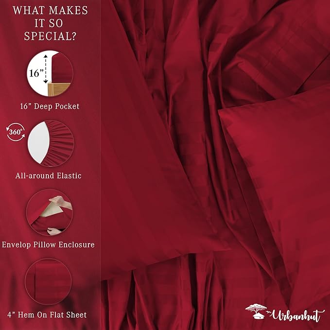 URBANHUT 800 Thread Count 100% Cotton Damask Twin Size Sheets, 4 Piece Striped Twin Size Bedsheets, Luxury Hotel Sheets Sateen Weave - Better Than Egyptian, 14" Elasticized Deep Pocket- Burgundy