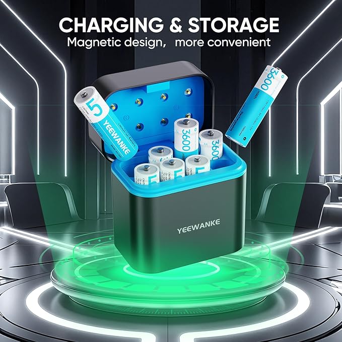 yeewanke Rechargeable AA Batteries with Charger, 8 Pack 8 Slot 1.5V High Power 3600mWh Lithium Double A Battery Rechargeable, Li-ion AA Battery with 2000+ Cycle Times, Fast Charging Storage Box