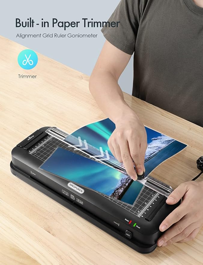 SINOPUREN 9-Inch Laminator Machine, Fast 3-Min Warm-Up, 3-in-1 Thermal Laminator with Built-in Paper Trimmer, 2-Hole Punch, Corner Rounder, Includes 10 Pouches, Ideal for Home, Teachers & Office