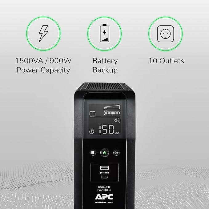 APC UPS 1500VA Sinewave UPS Battery Backup, BR1500MS2 Backup Battery Power Supply, AVR, 10 Outlets, (2) USB Charger Ports
